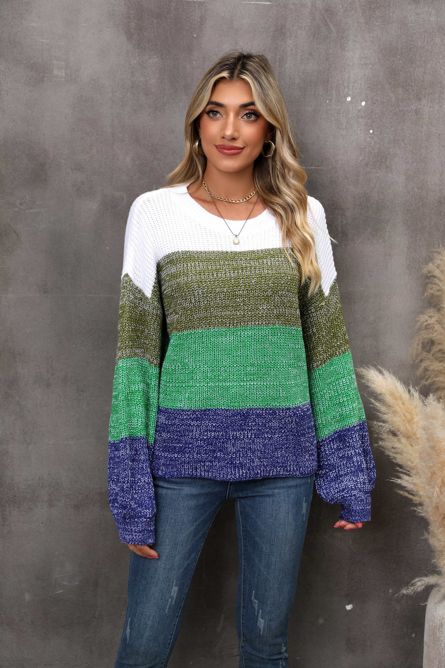 color block round neck dropped shoulder sweater