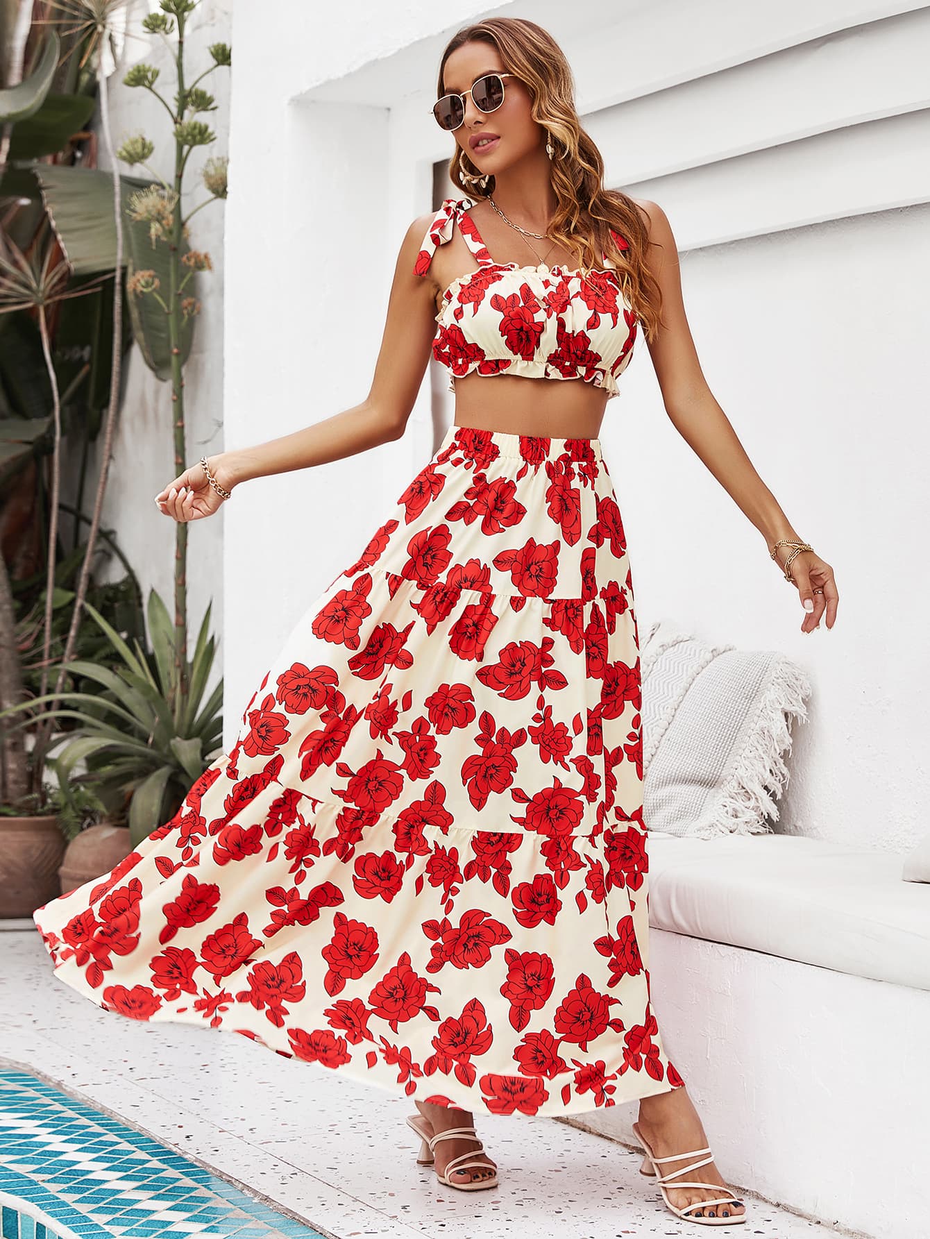 floral tie shoulder top and tiered maxi skirt set