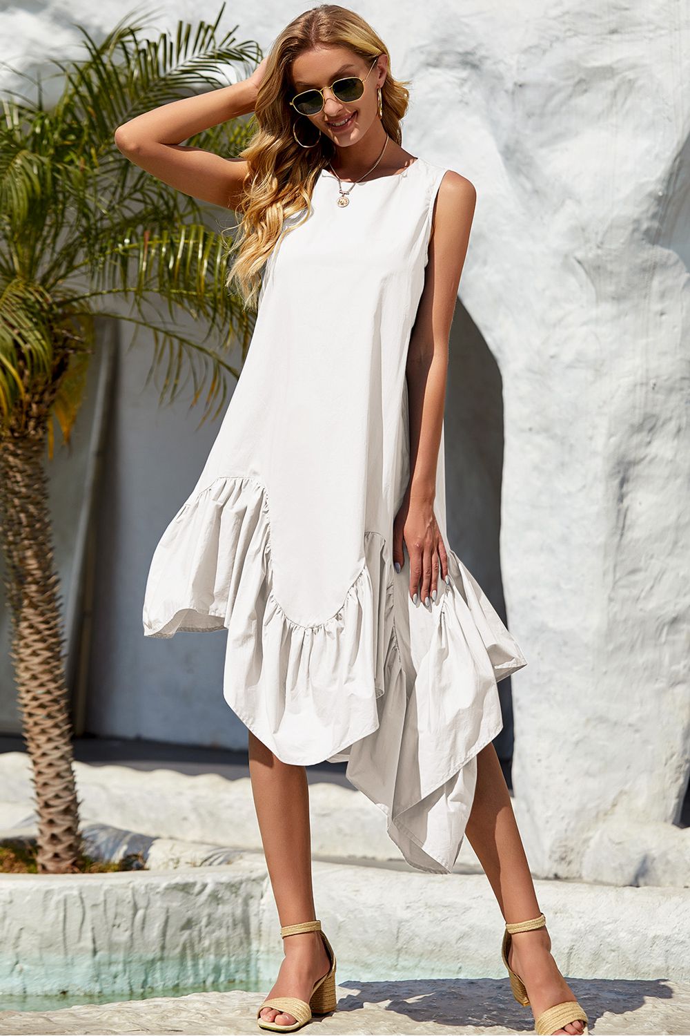 round neck sleeveless ruffle hem dress