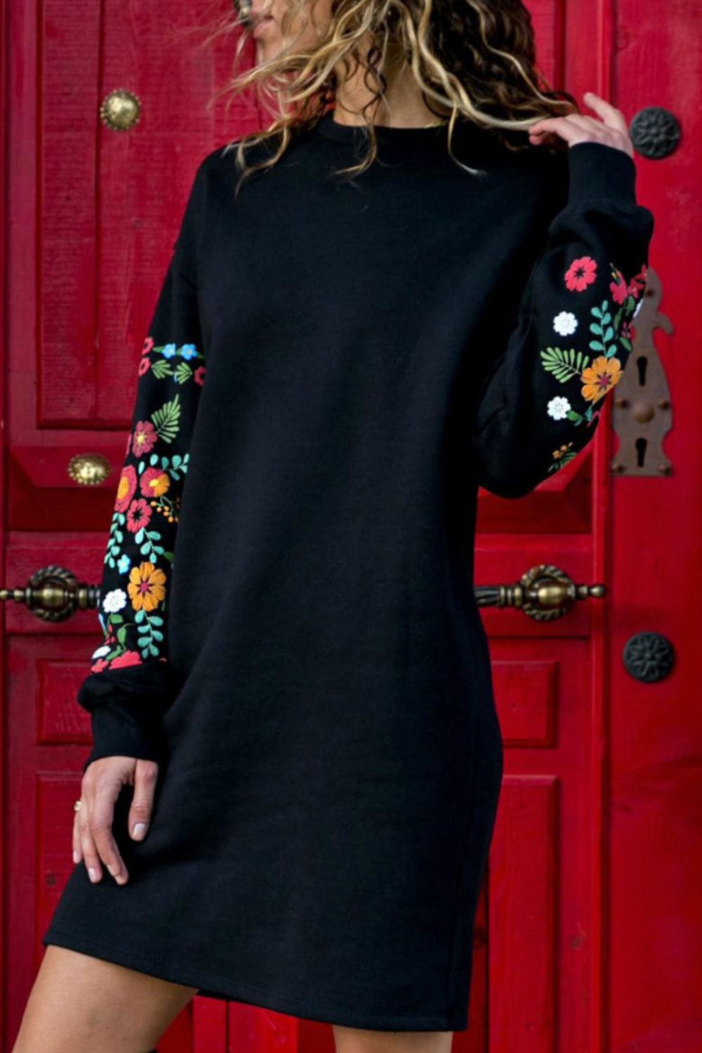 floral print round neck long sleeve dress