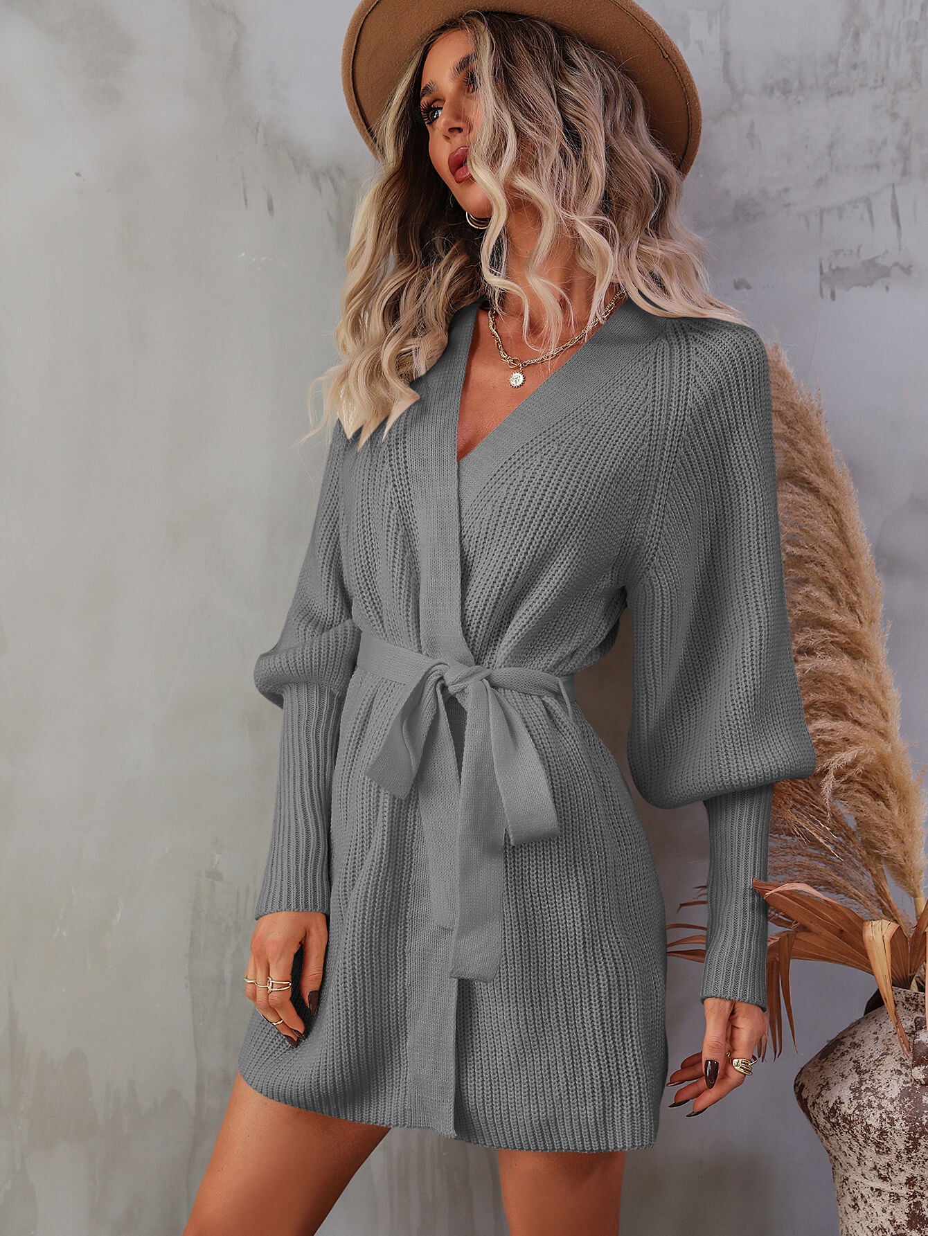 belted surplice lantern sleeve wrap sweater dress