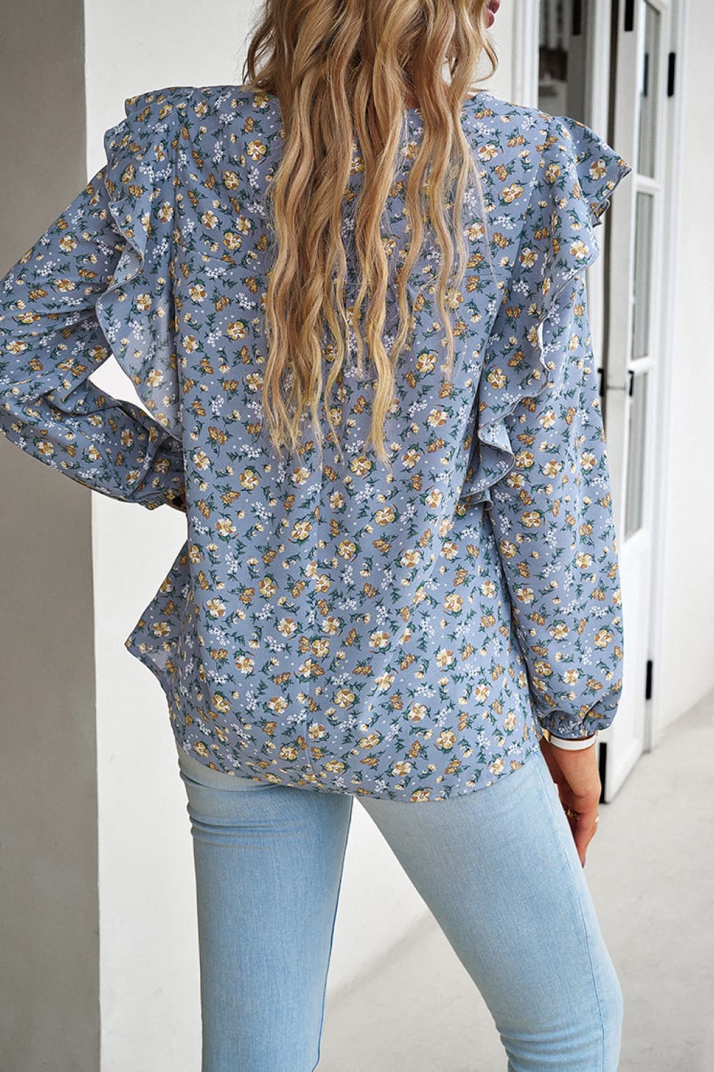 printed round neck long sleeve blouse
