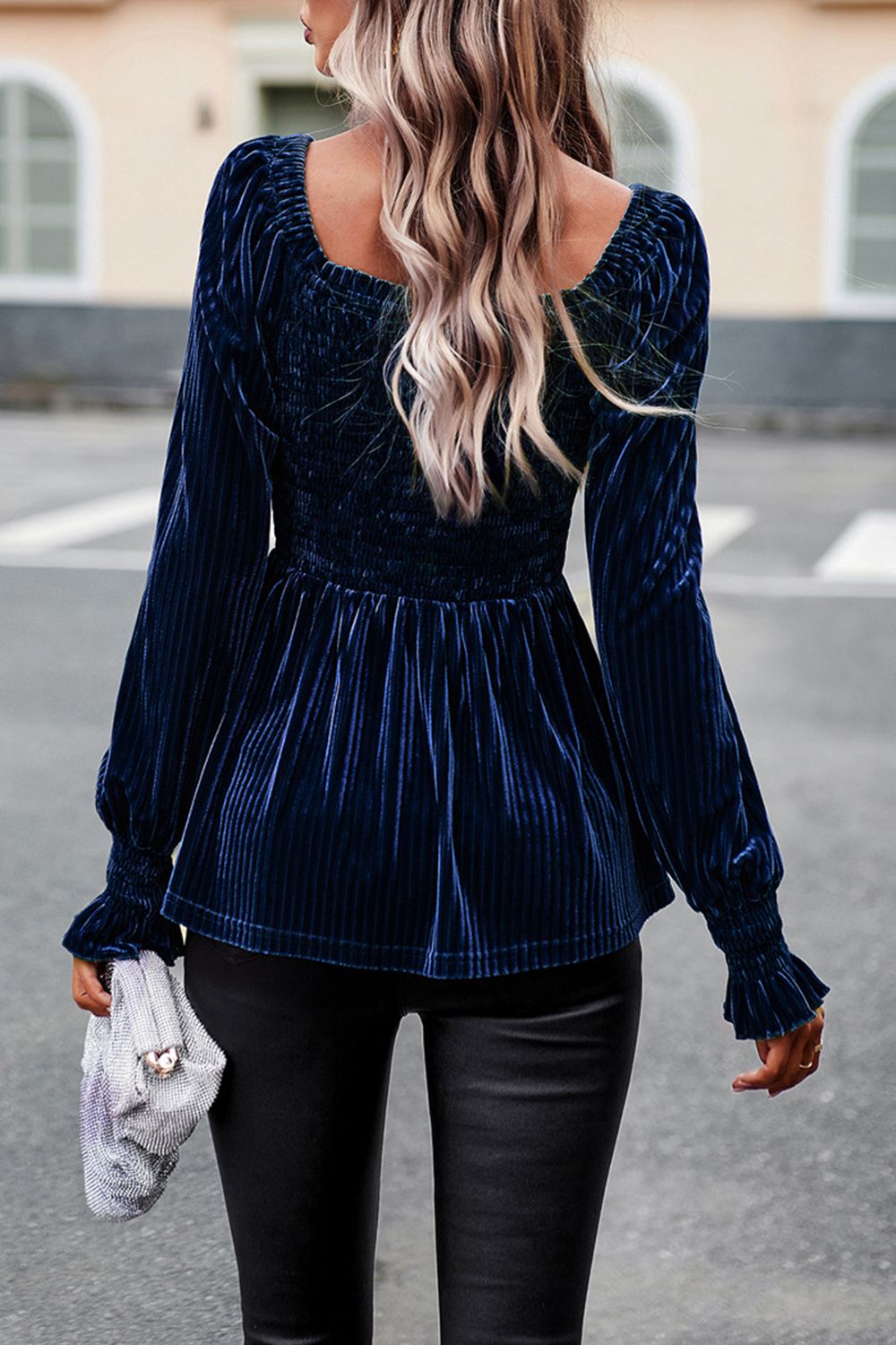 smocked square neck long sleeve blouse