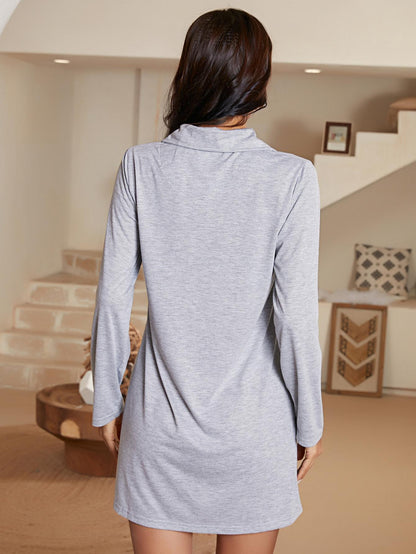 Heart Graphic Lapel Collar Long Sleeve Night Dress