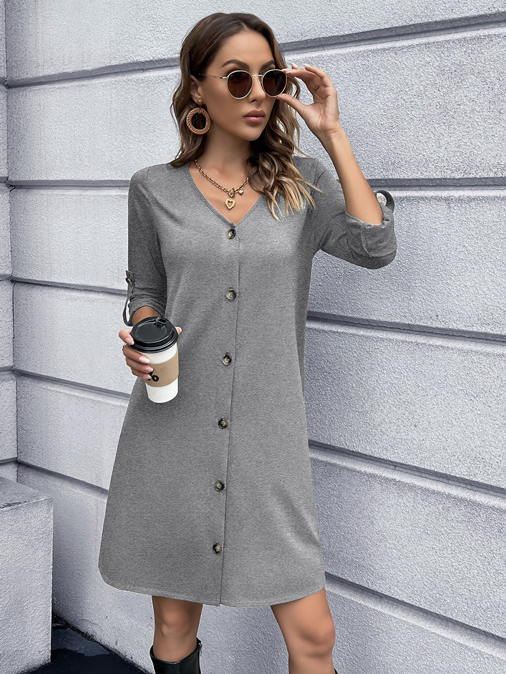 button down v-neck mini dress