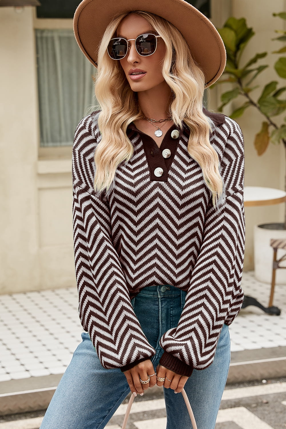 striped collared neck buttoned pullover sweater
