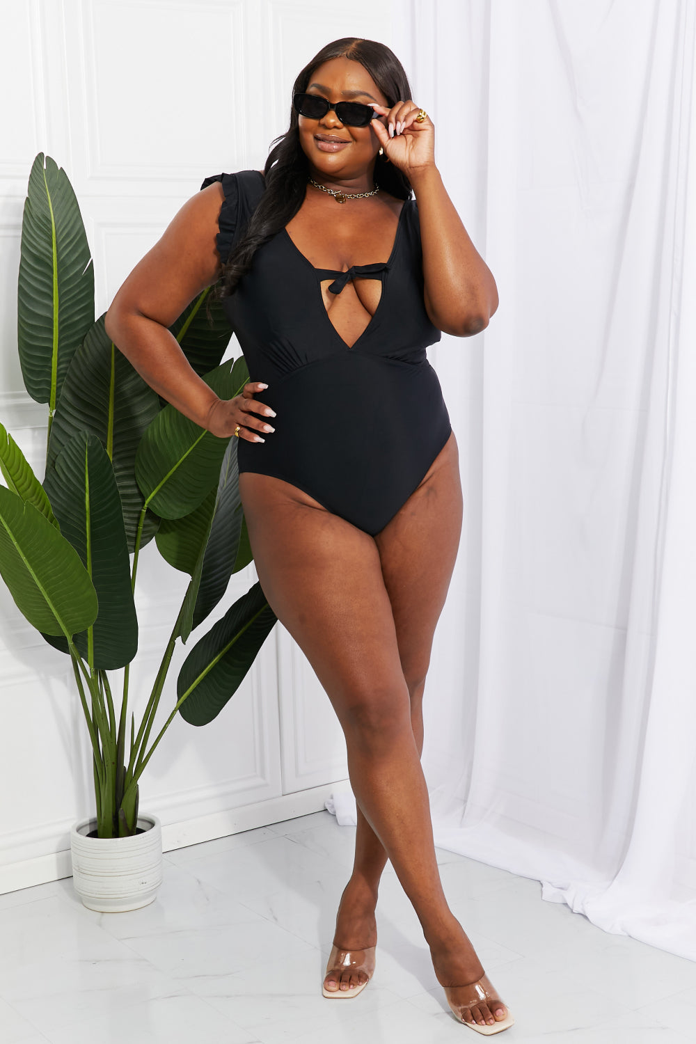 marina west swim seashell ruffle sleeve one-piece in black