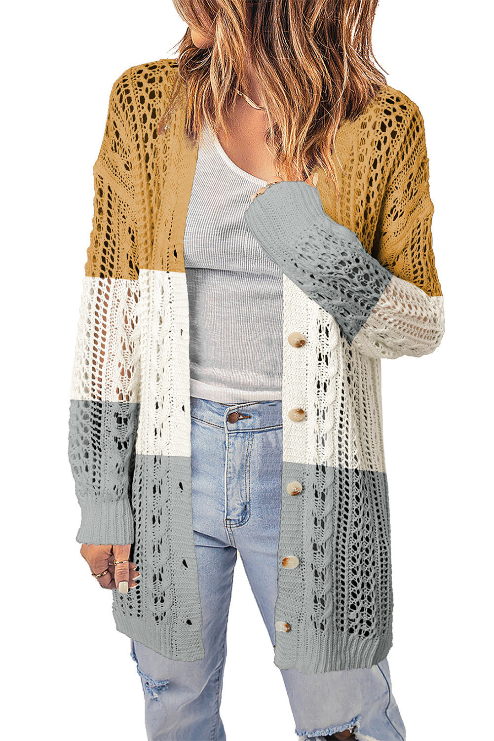 double take openwork ribbed cuff longline cardigan