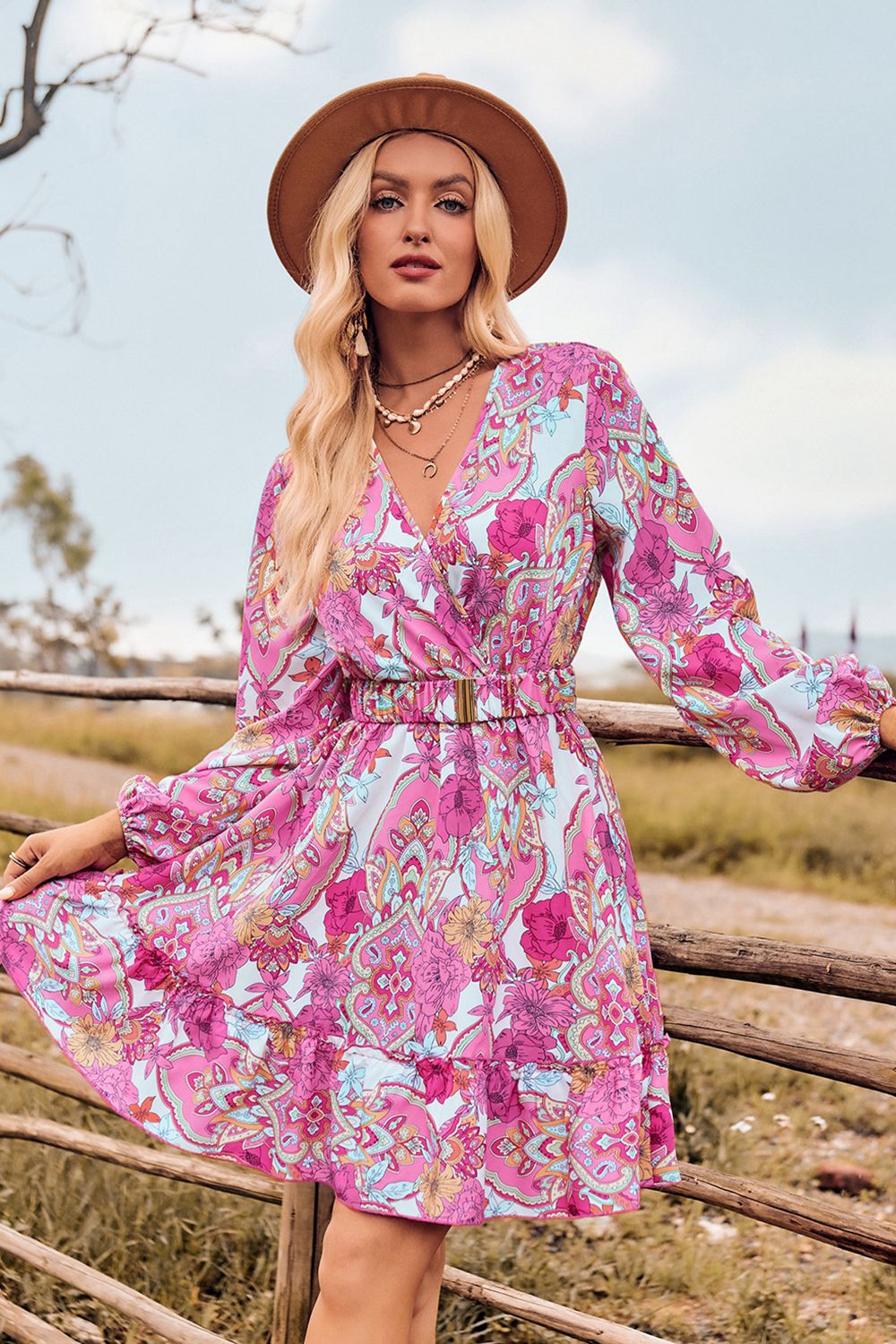 printed surplice neck long sleeve dress