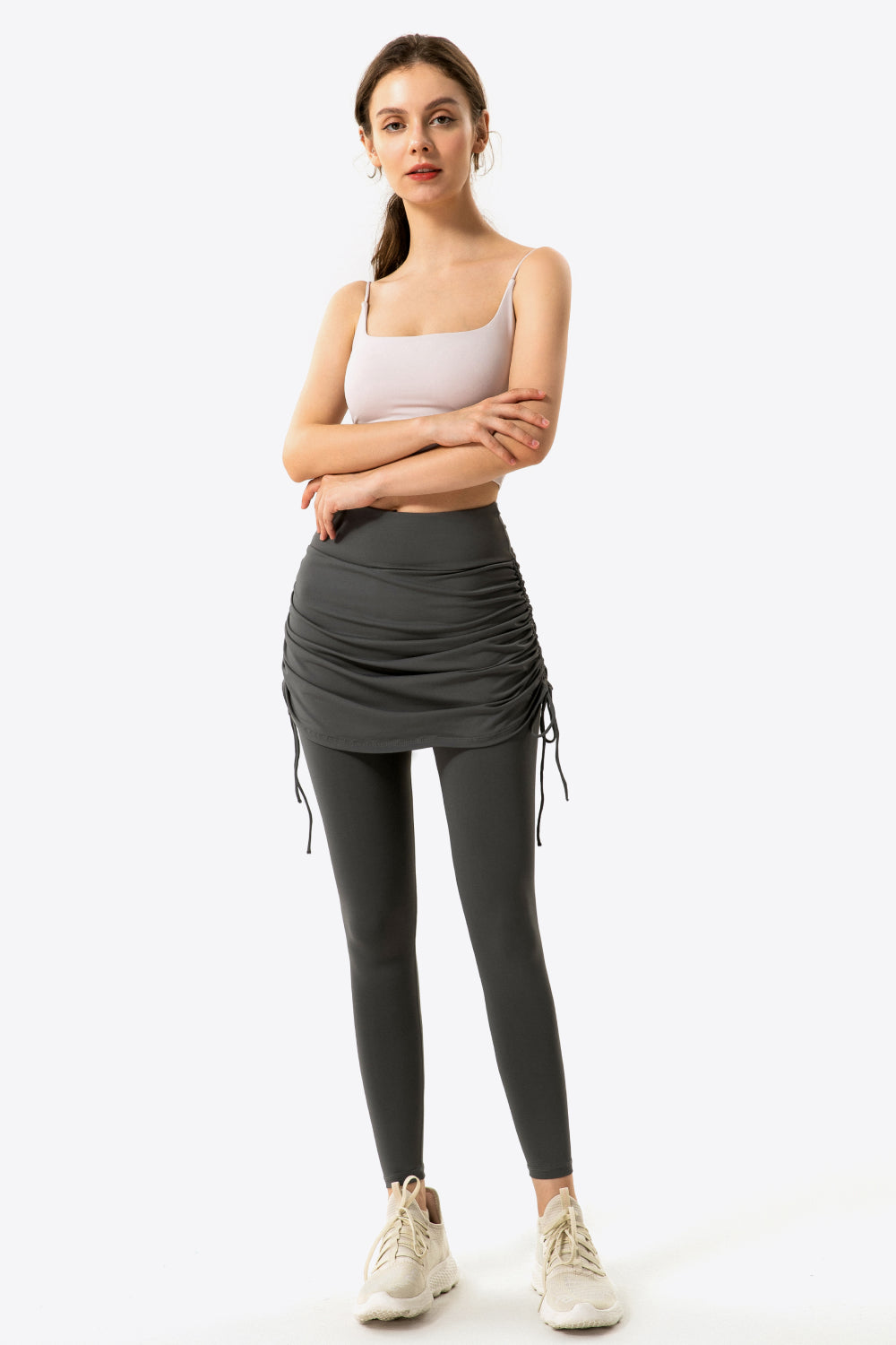 drawstring ruched faux layered yoga leggings