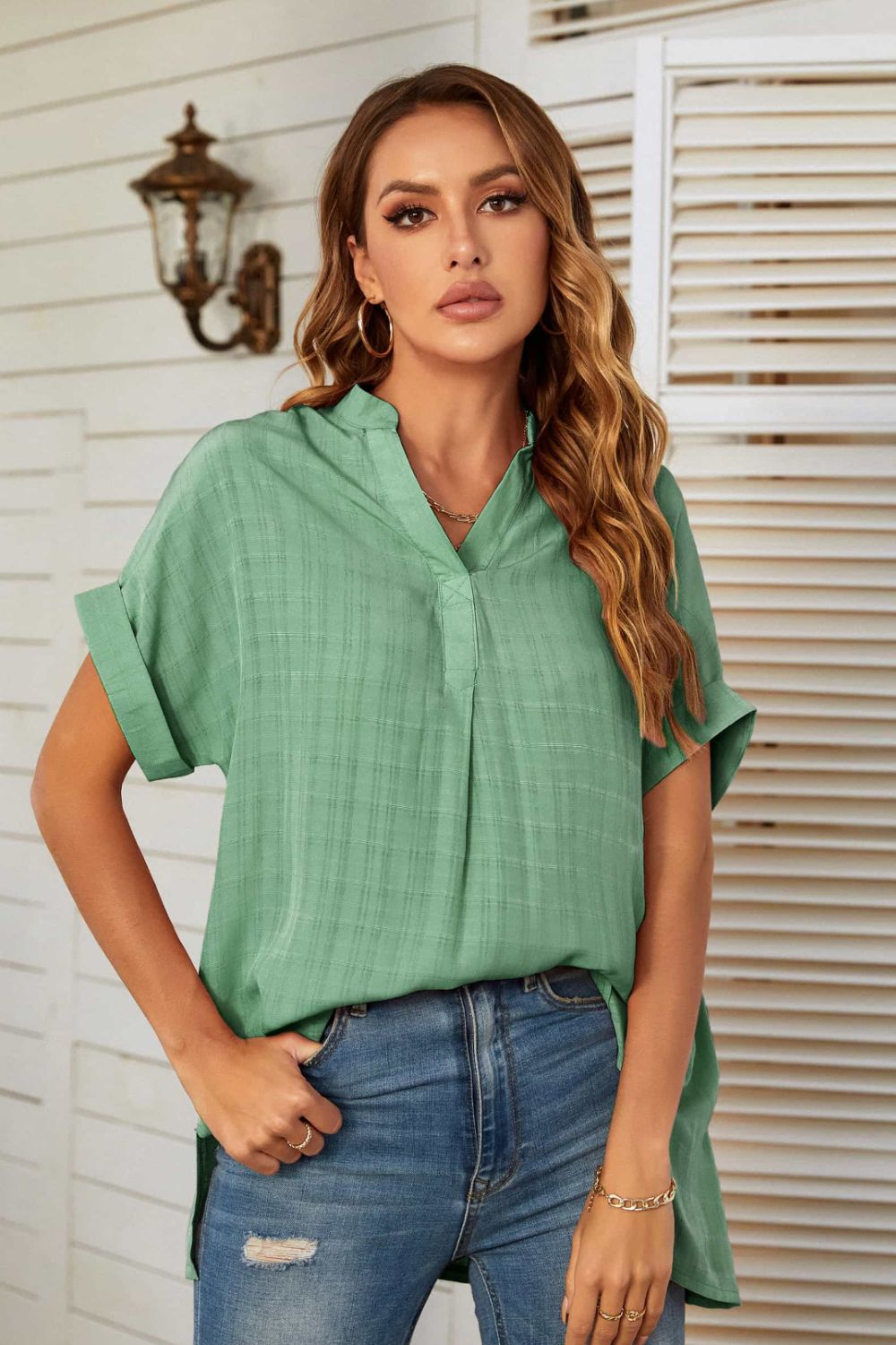 notched neck slit cuffed blouse