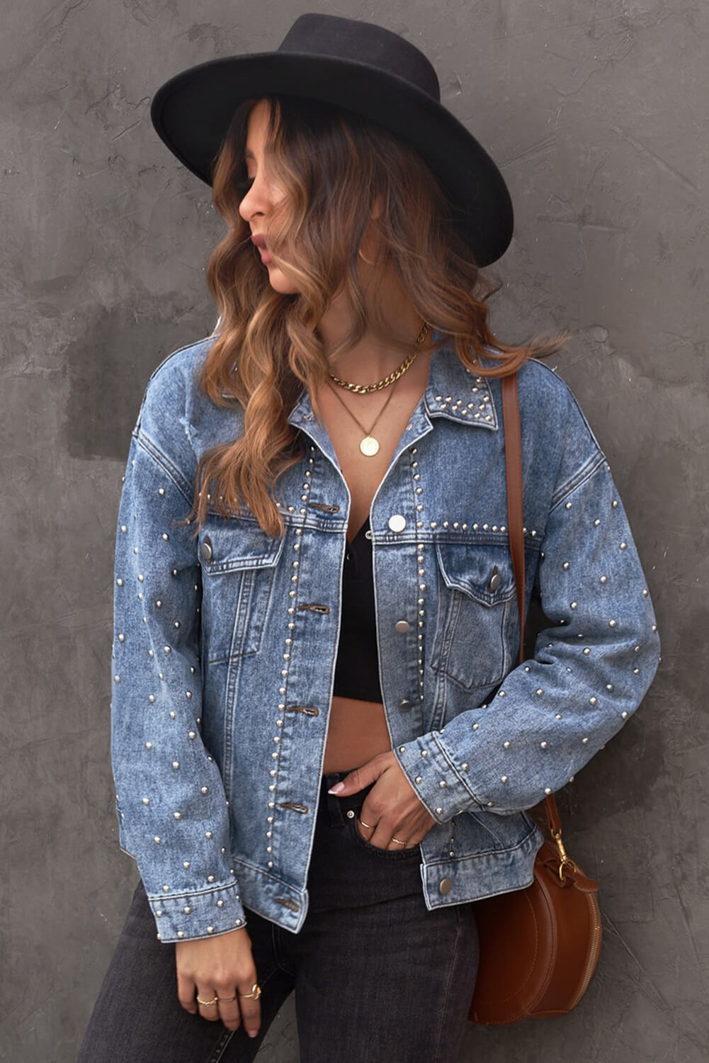 studded button down denim jacket