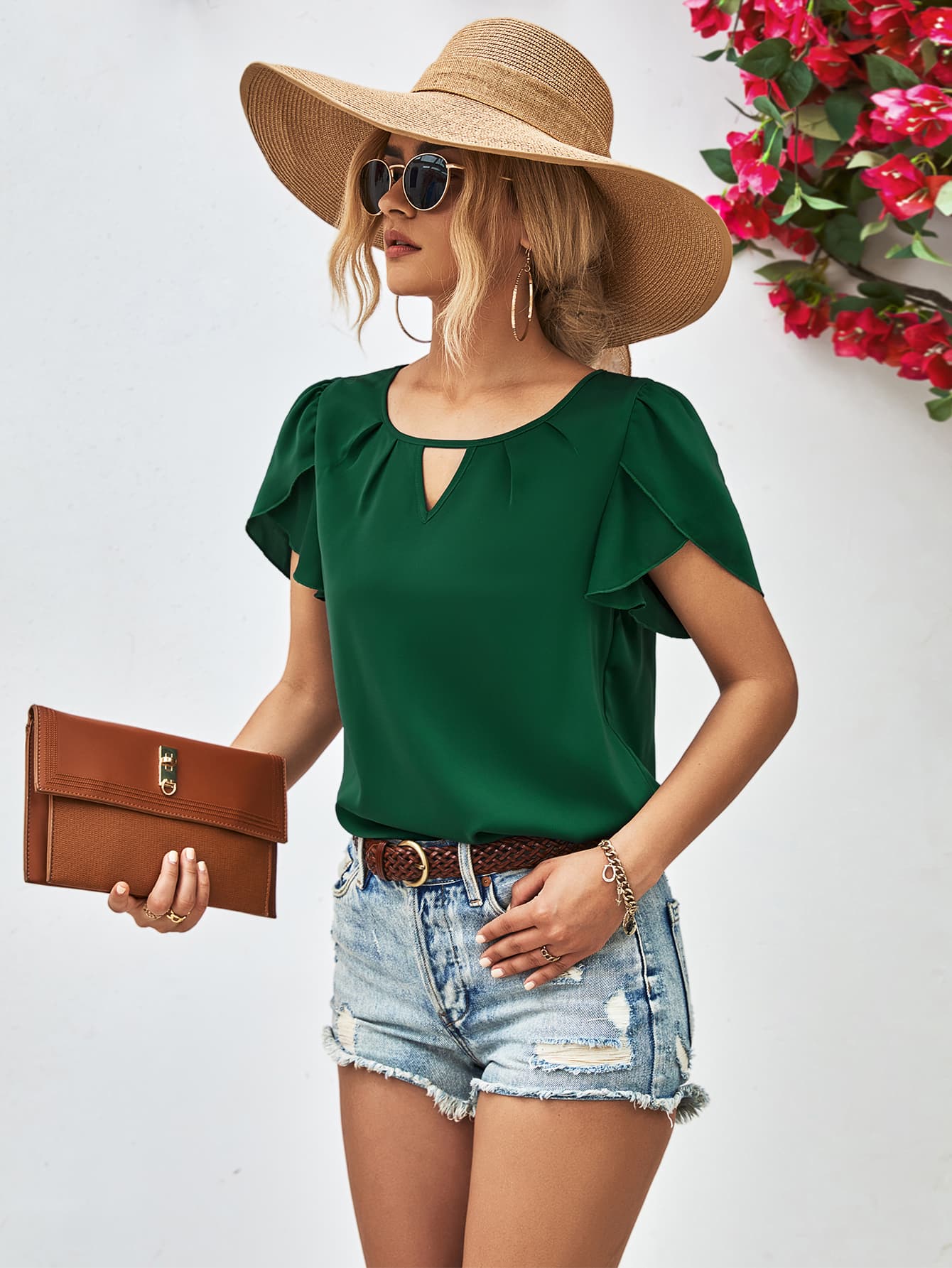 cutout round neck petal sleeve blouse