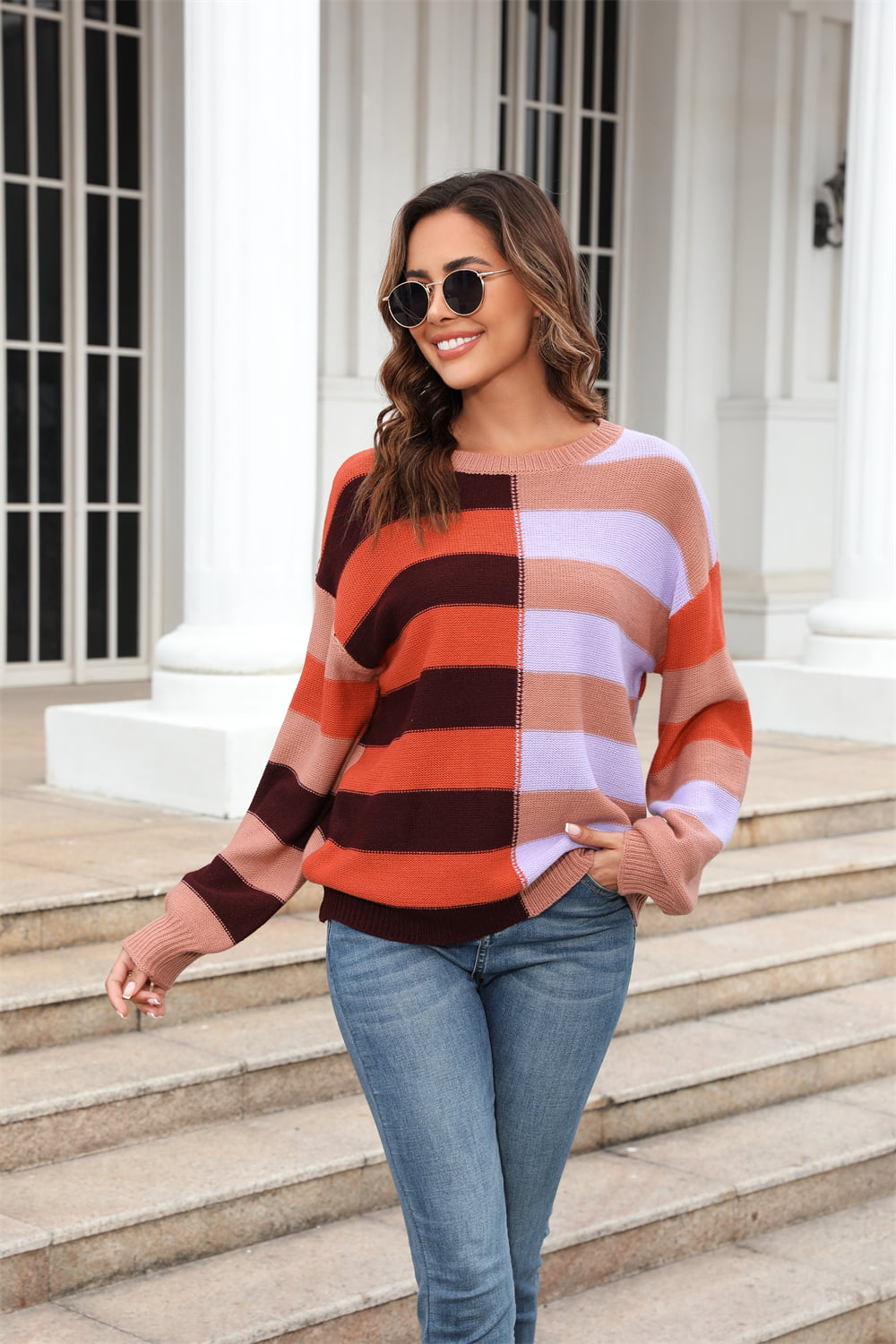 round neck long sleeve color block dropped shoulder pullover sweater