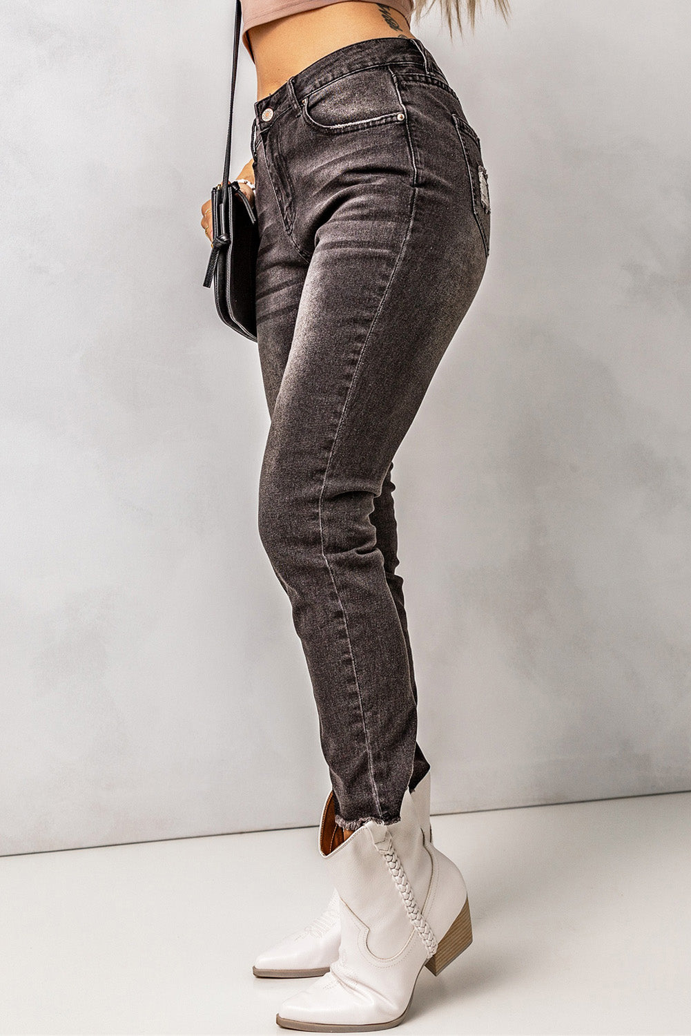 high waist raw hem skinny jeans