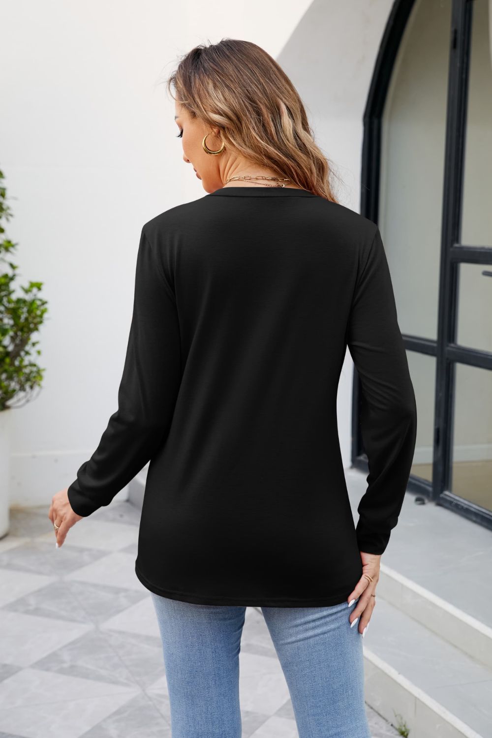 v-neck ruched long sleeve blouse