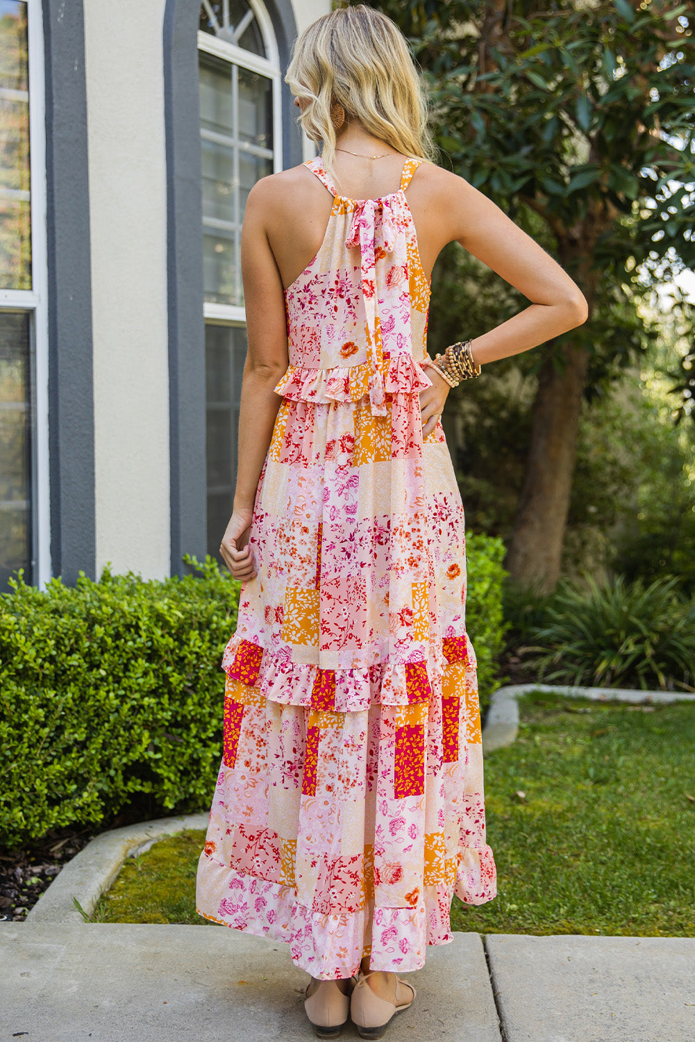 patchwork grecian neck ruffled maxi dress