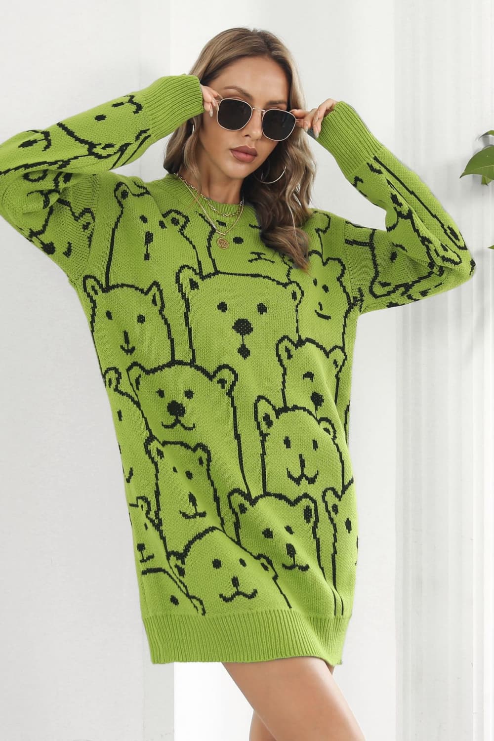 bear pattern round neck sweater dress