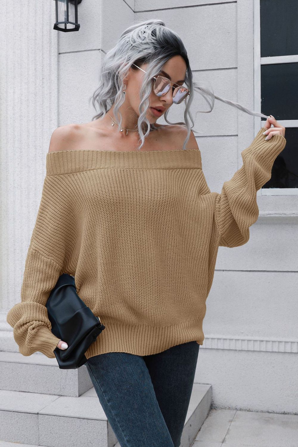 off-shoulder ribbed long sleeve pullover sweater