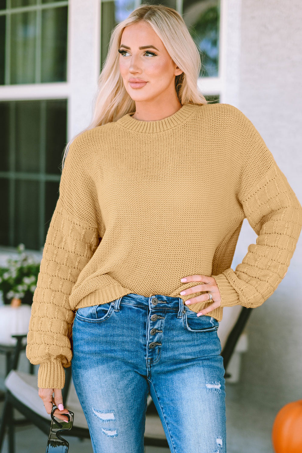 round neck dropped shoulder waffle-knit sweater