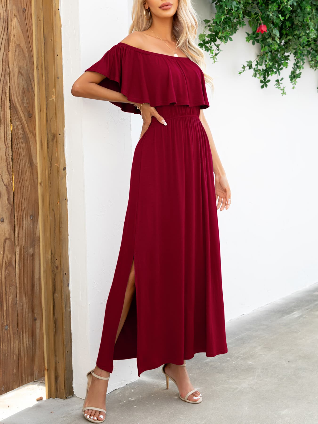 off-shoulder slit maxi dress