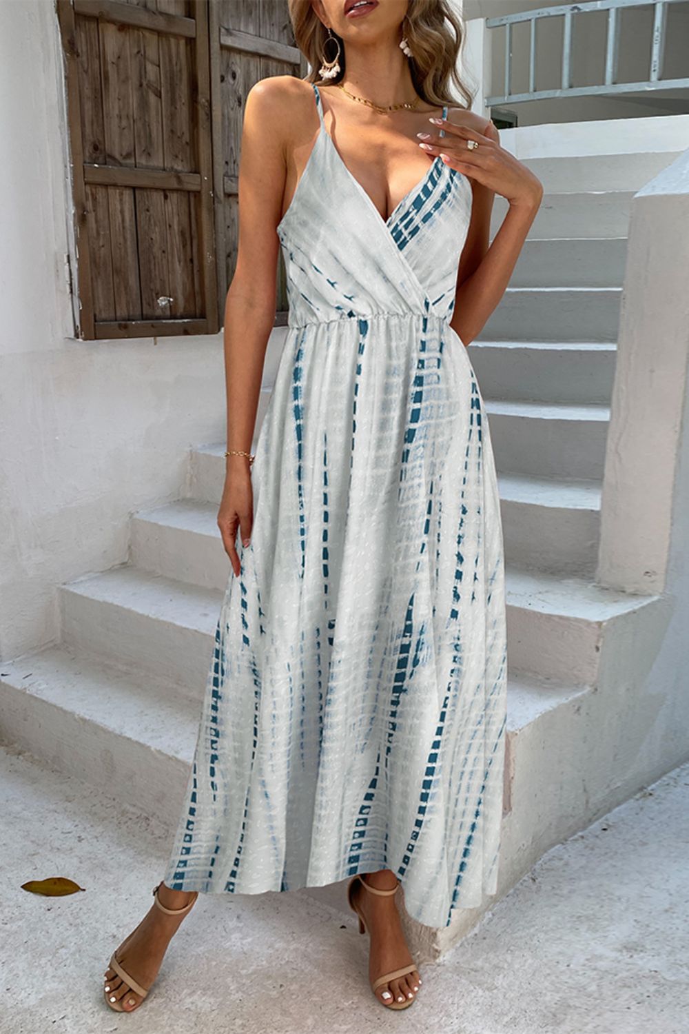 printed surplice adjustable spaghetti strap maxi dress