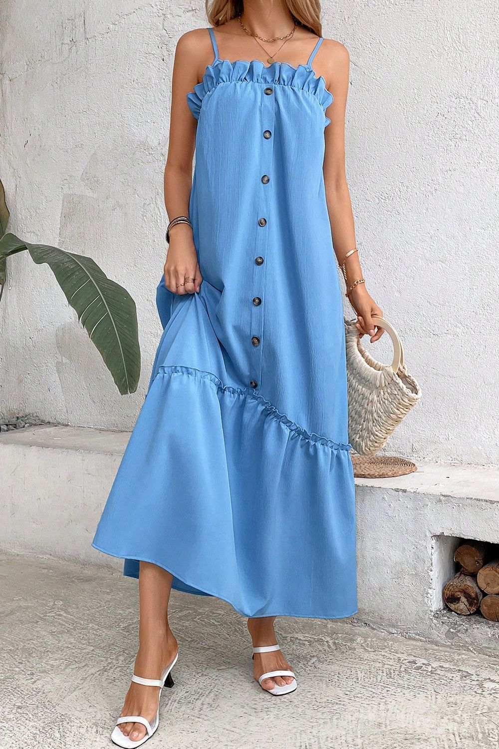 ruffle trim buttoned sleeveless maxi dress