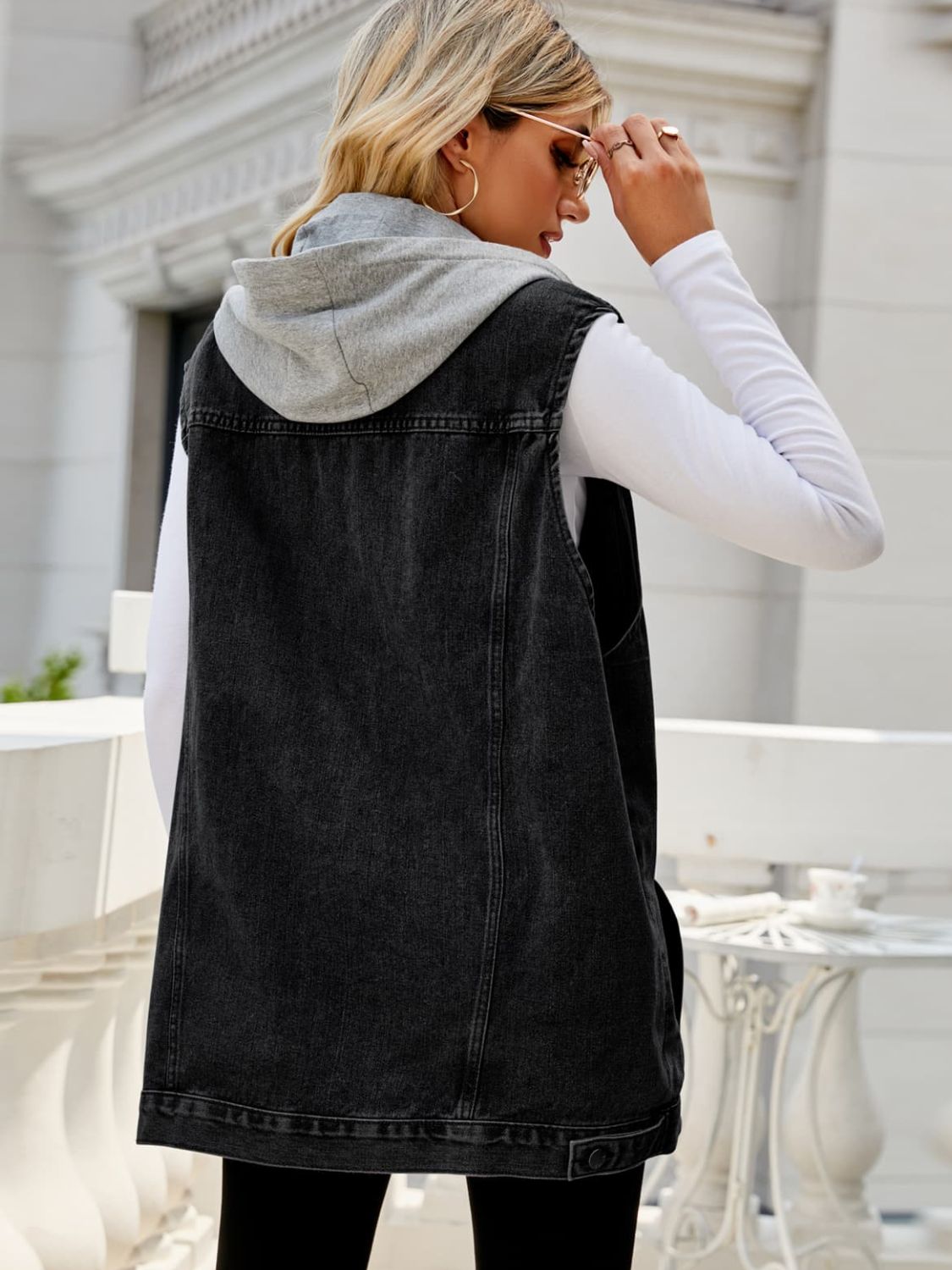 drawstring hooded sleeveless denim top with pockets