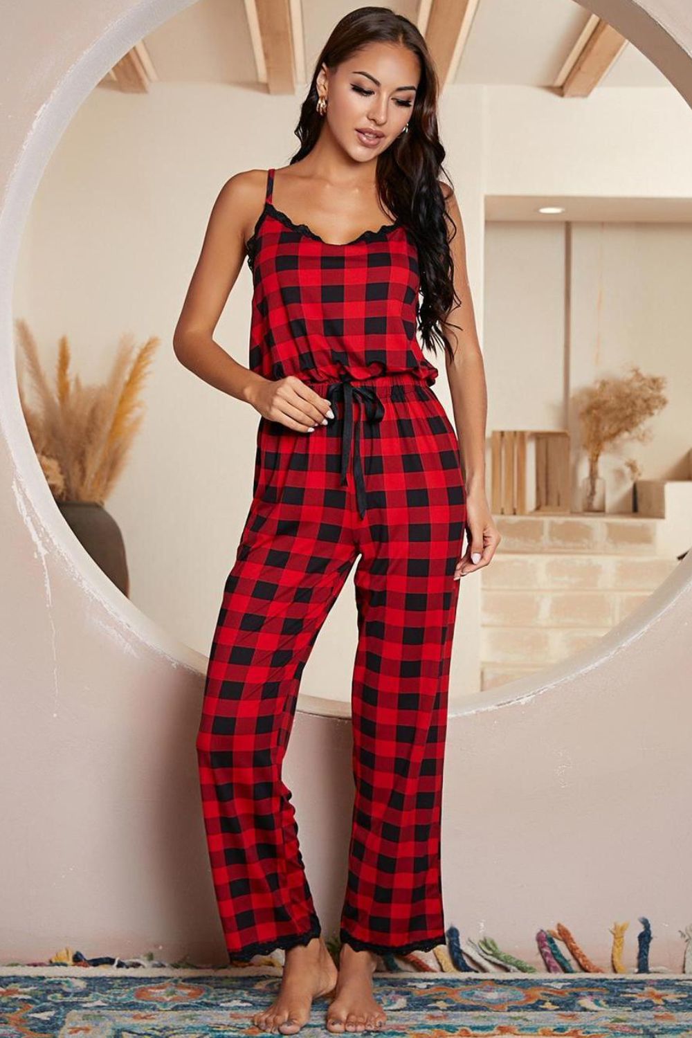 plaid lace trim spaghetti strap jumpsuit