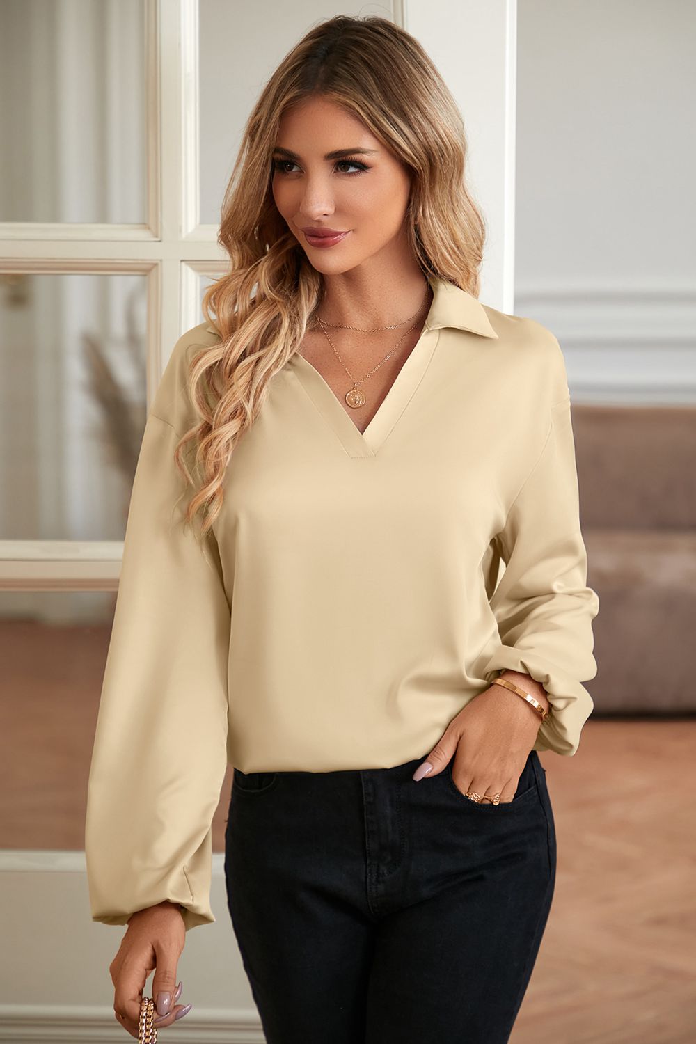 johnny collar lantern sleeve blouse