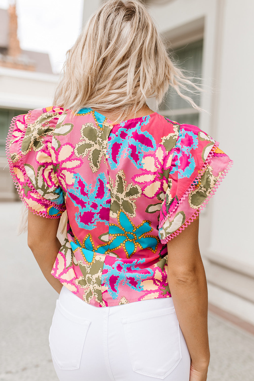 floral print round neck flutter sleeve blouse