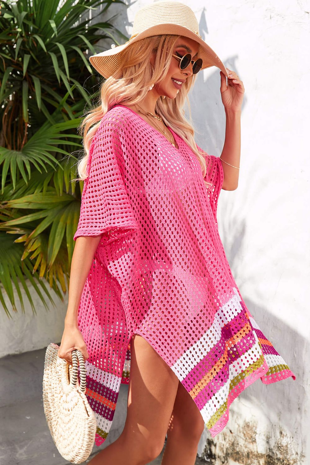 rainbow stripe openwork slit cover-up