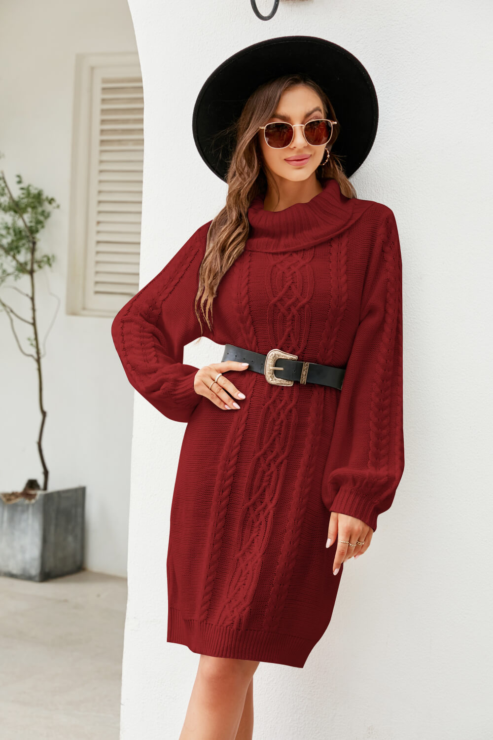 woven right mixed knit turtleneck lantern sleeve sweater dress