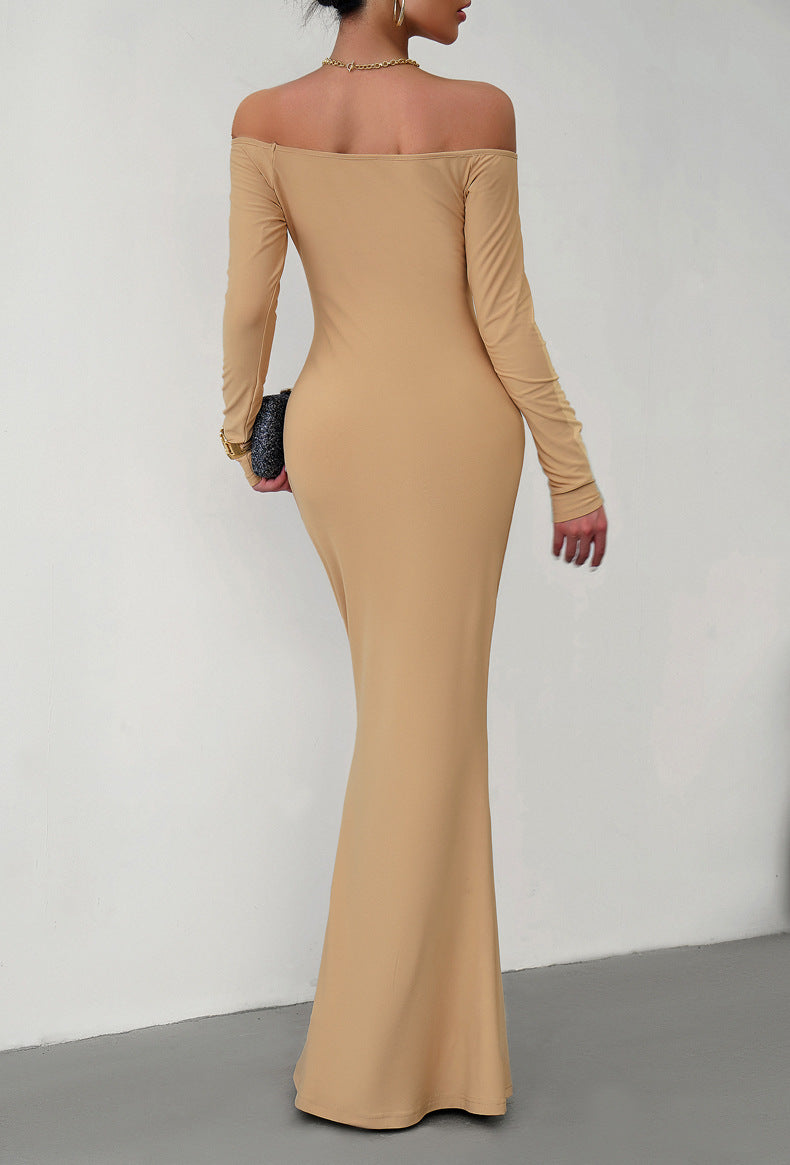 off-shoulder long sleeve maxi dress