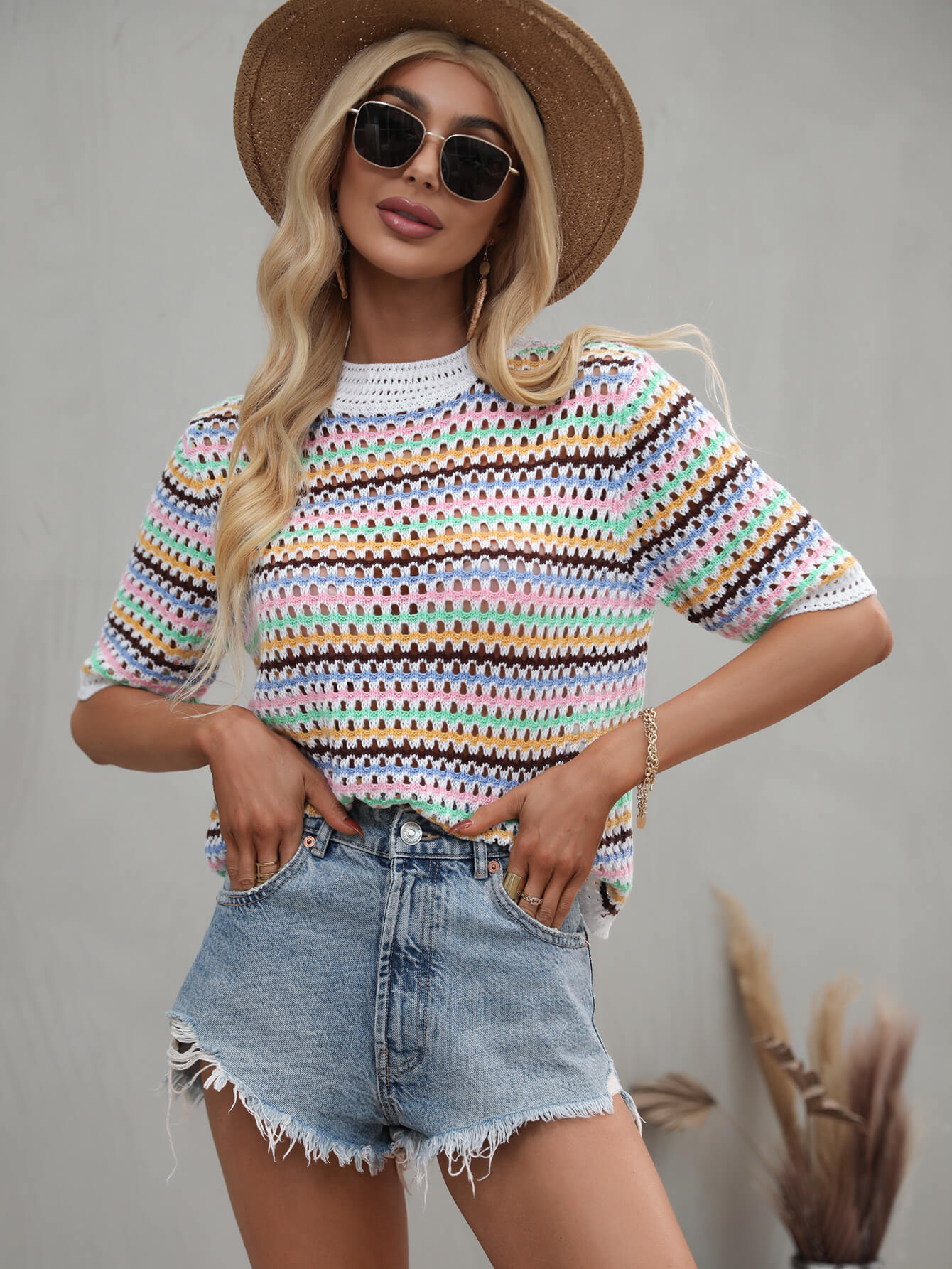 striped openwork half sleeve knit top