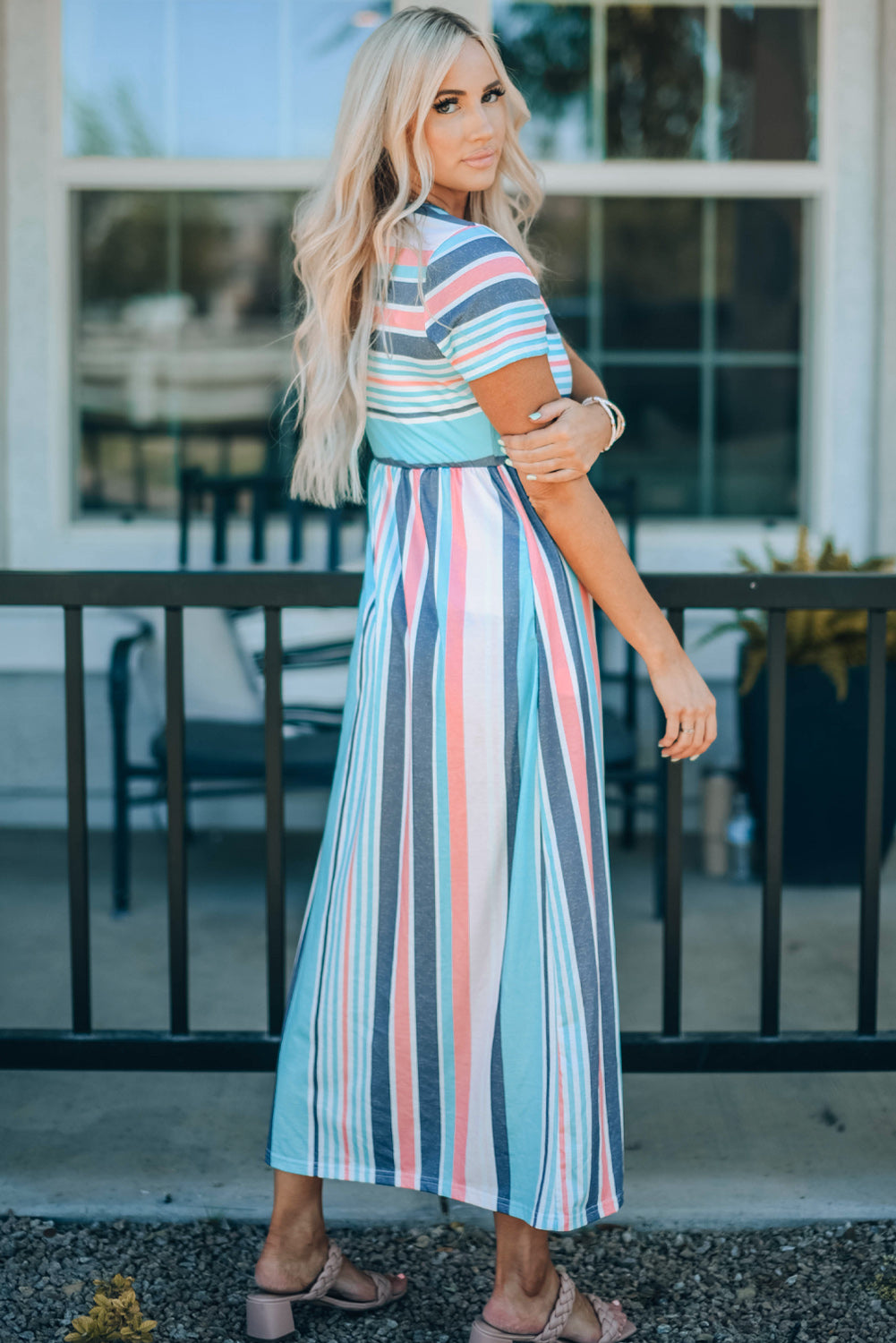 striped print high waist maxi dress