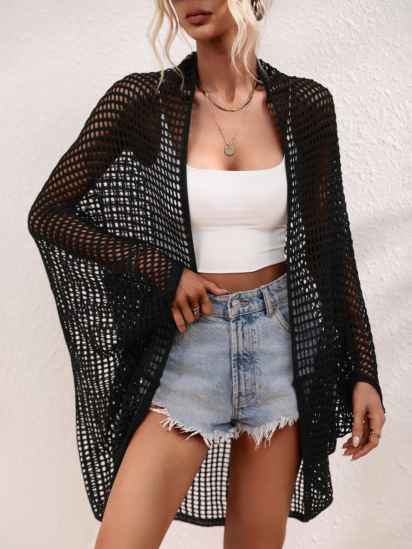 openwork open front longline cover up