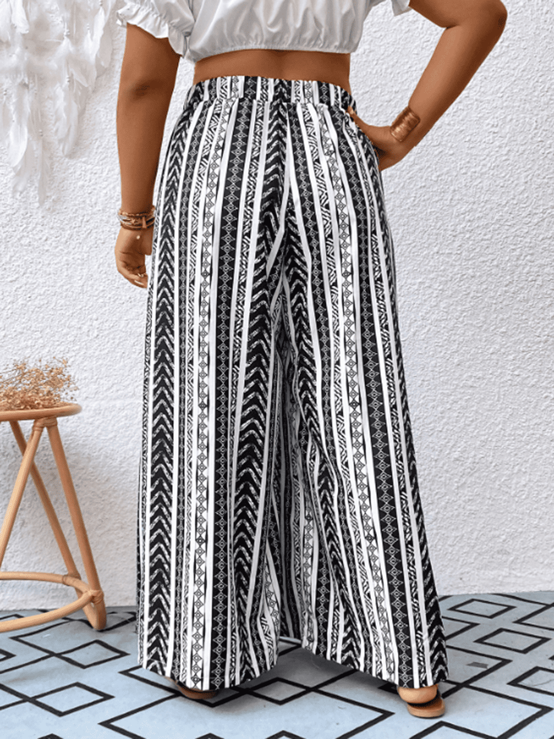 plus size striped tied wide leg pants