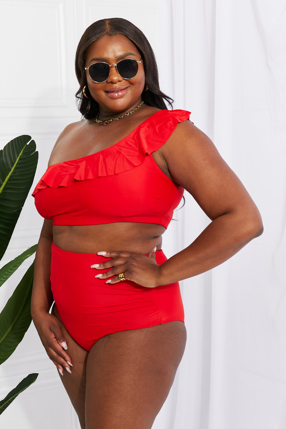 marina west swim seaside romance ruffle one-shoulder bikini in red