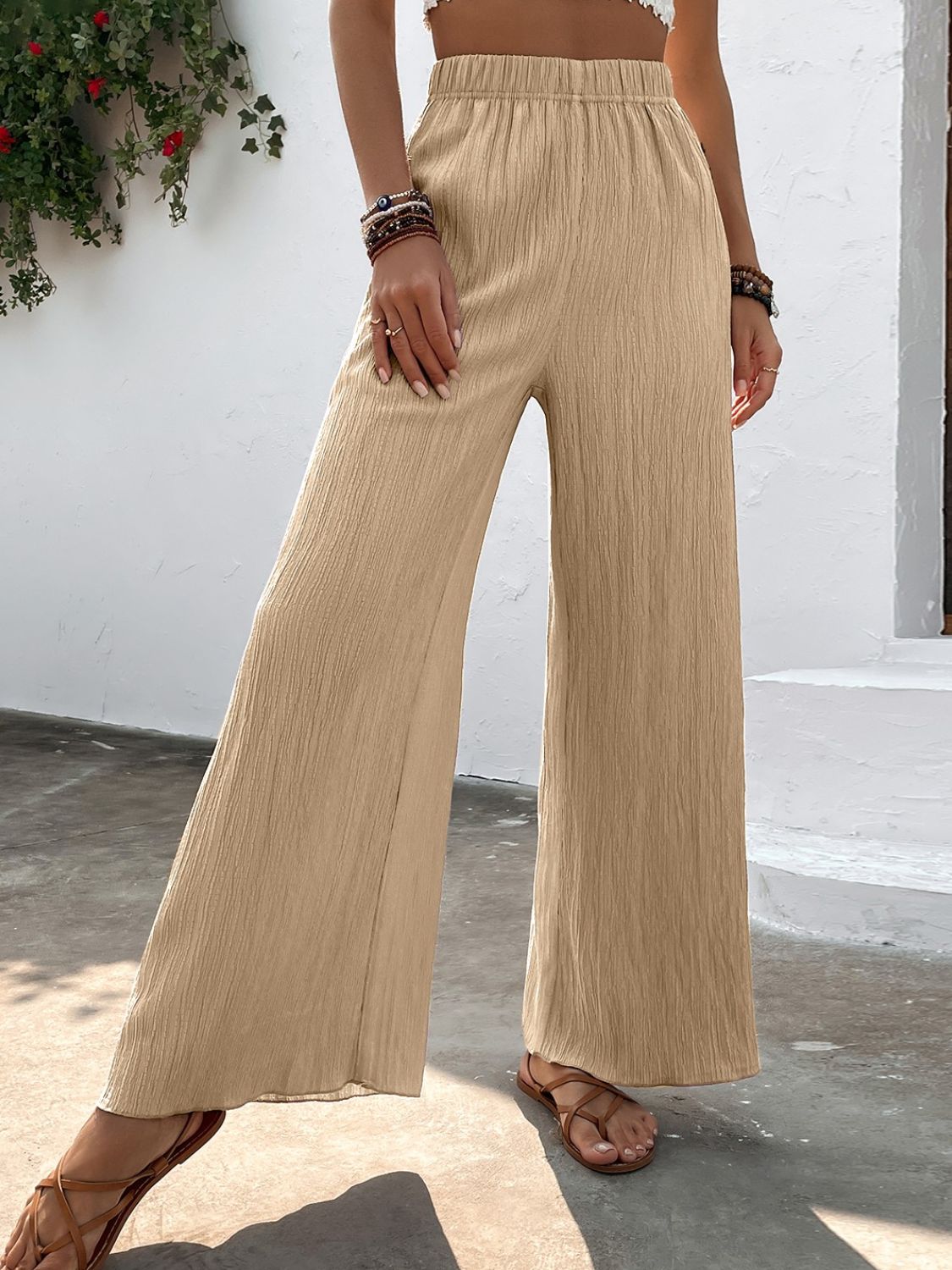 textured high-waist wide leg pants