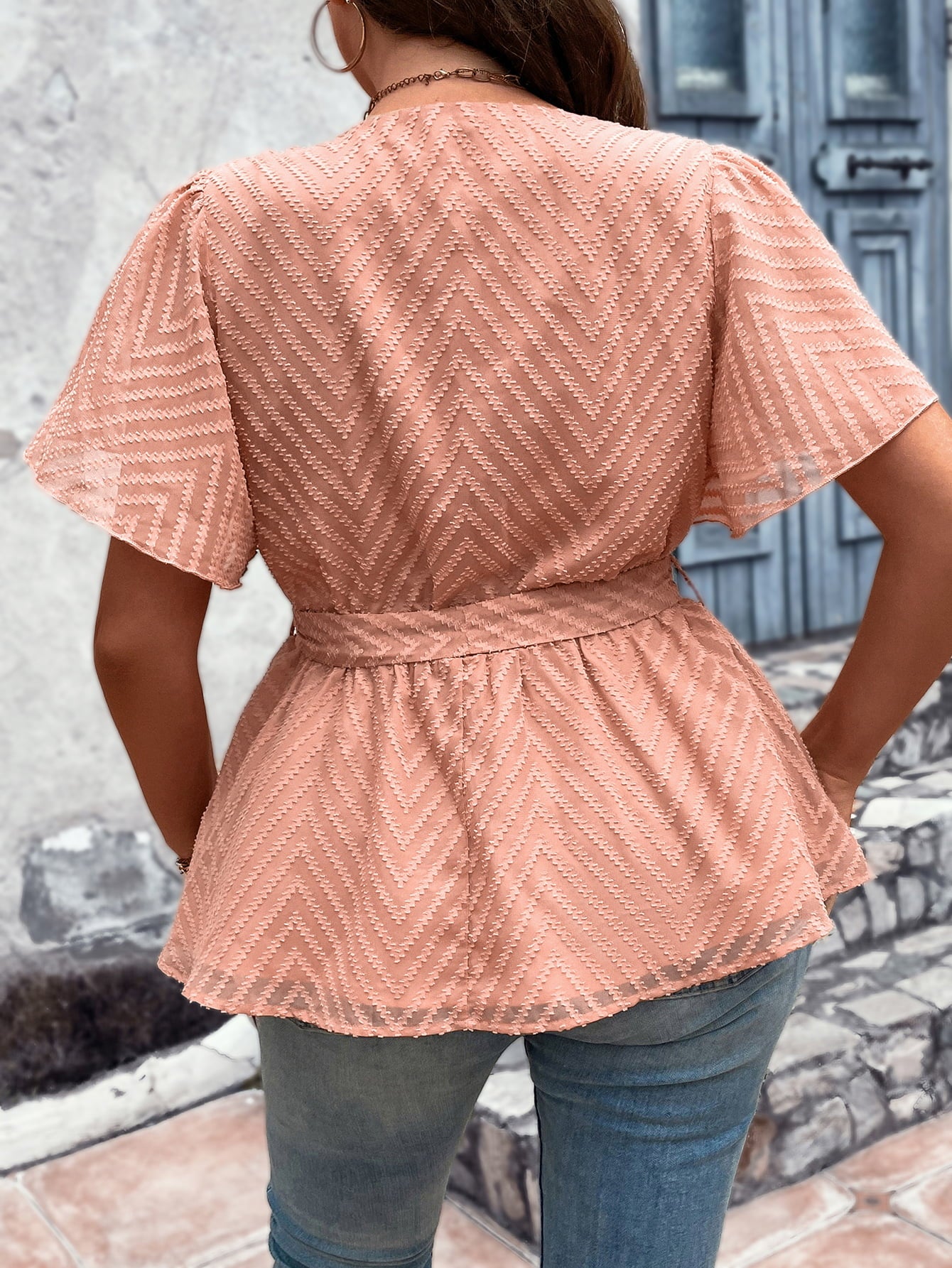 plus size v-neck flutter sleeve tie waist blouse