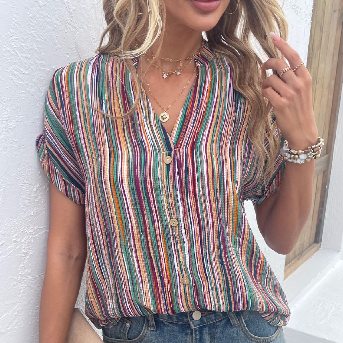 multicolored stripe notched neck top