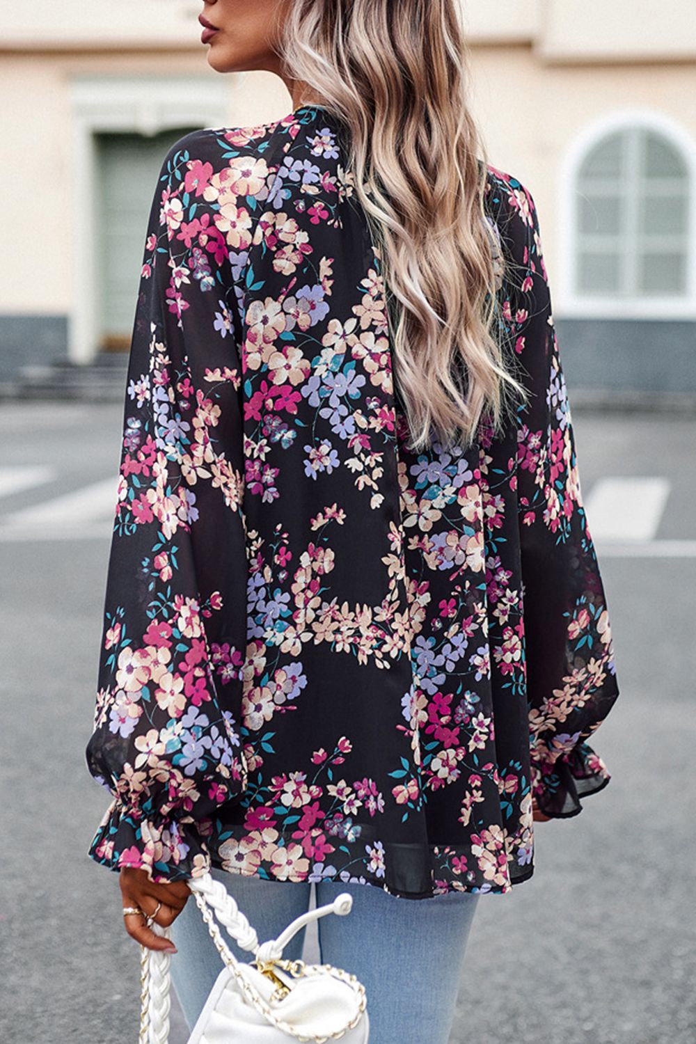 floral print flounce sleeve blouse