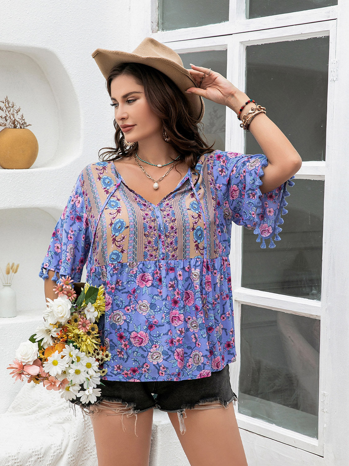 plus size printed v-neck half sleeve blouse