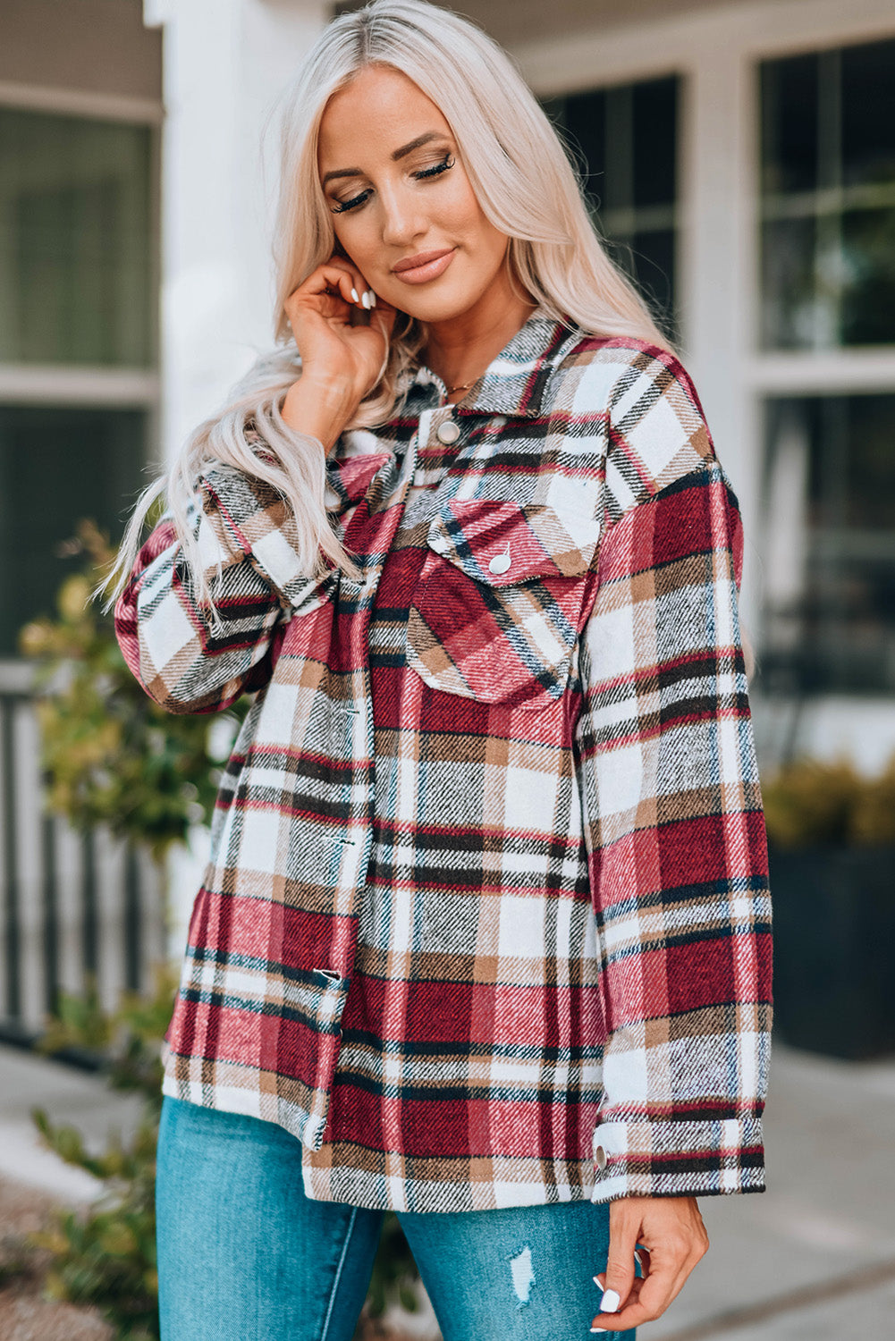 double take plaid button front shirt jacket with breast pockets