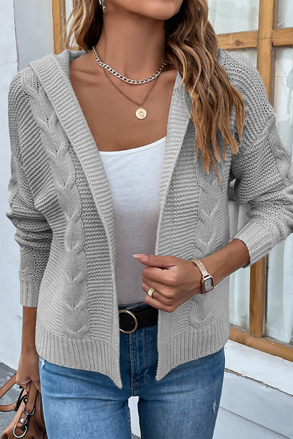 cable-knit dropped shoulder hooded cardigan