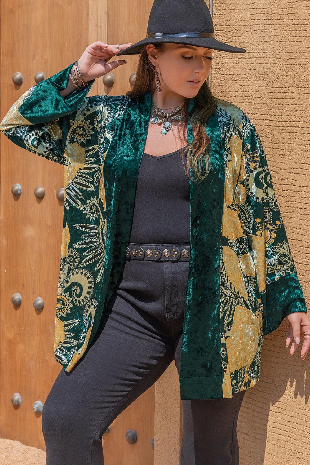 plus size open front bohemian style long sleeve cardigan