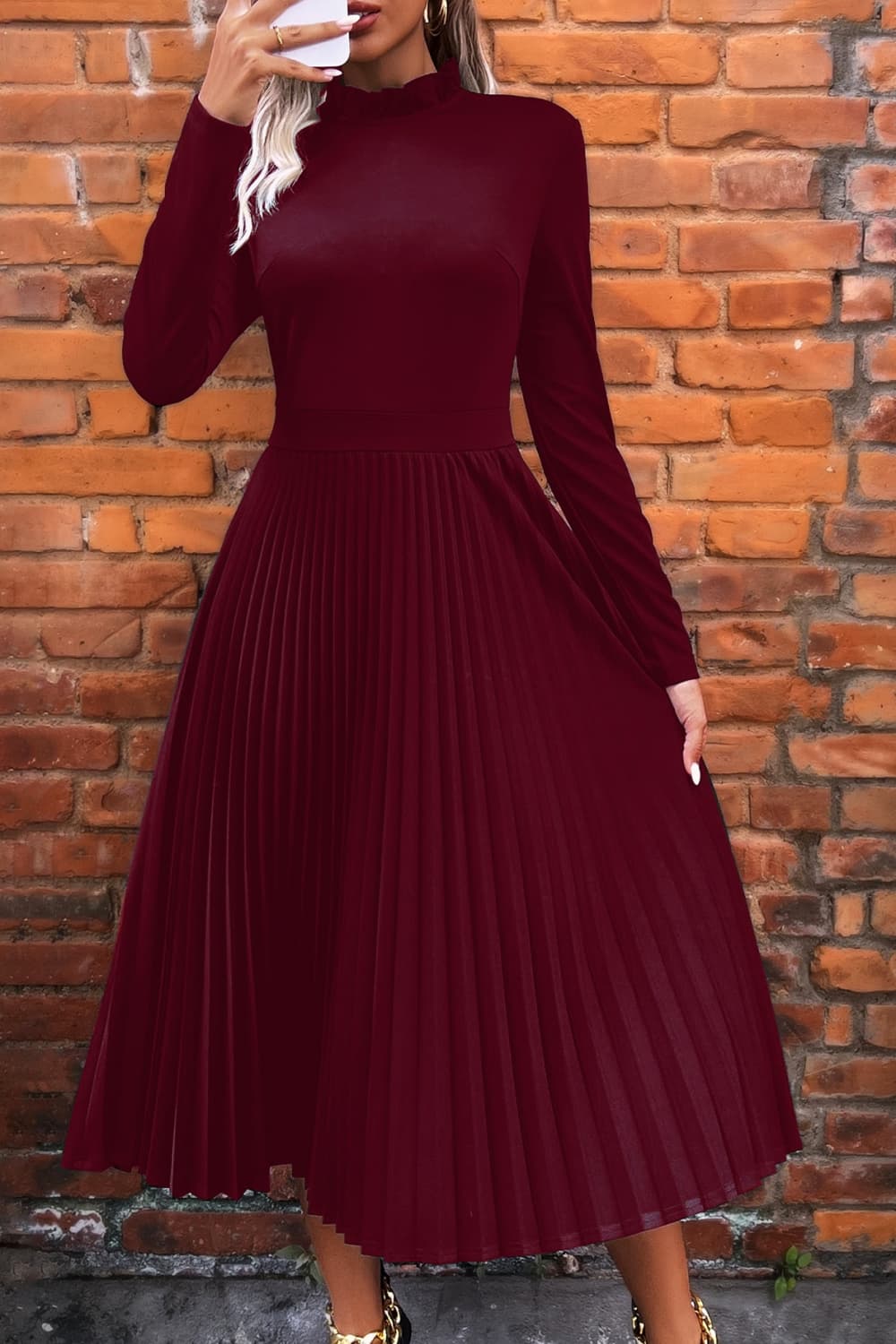 ruffle collar pleated long sleeve dress