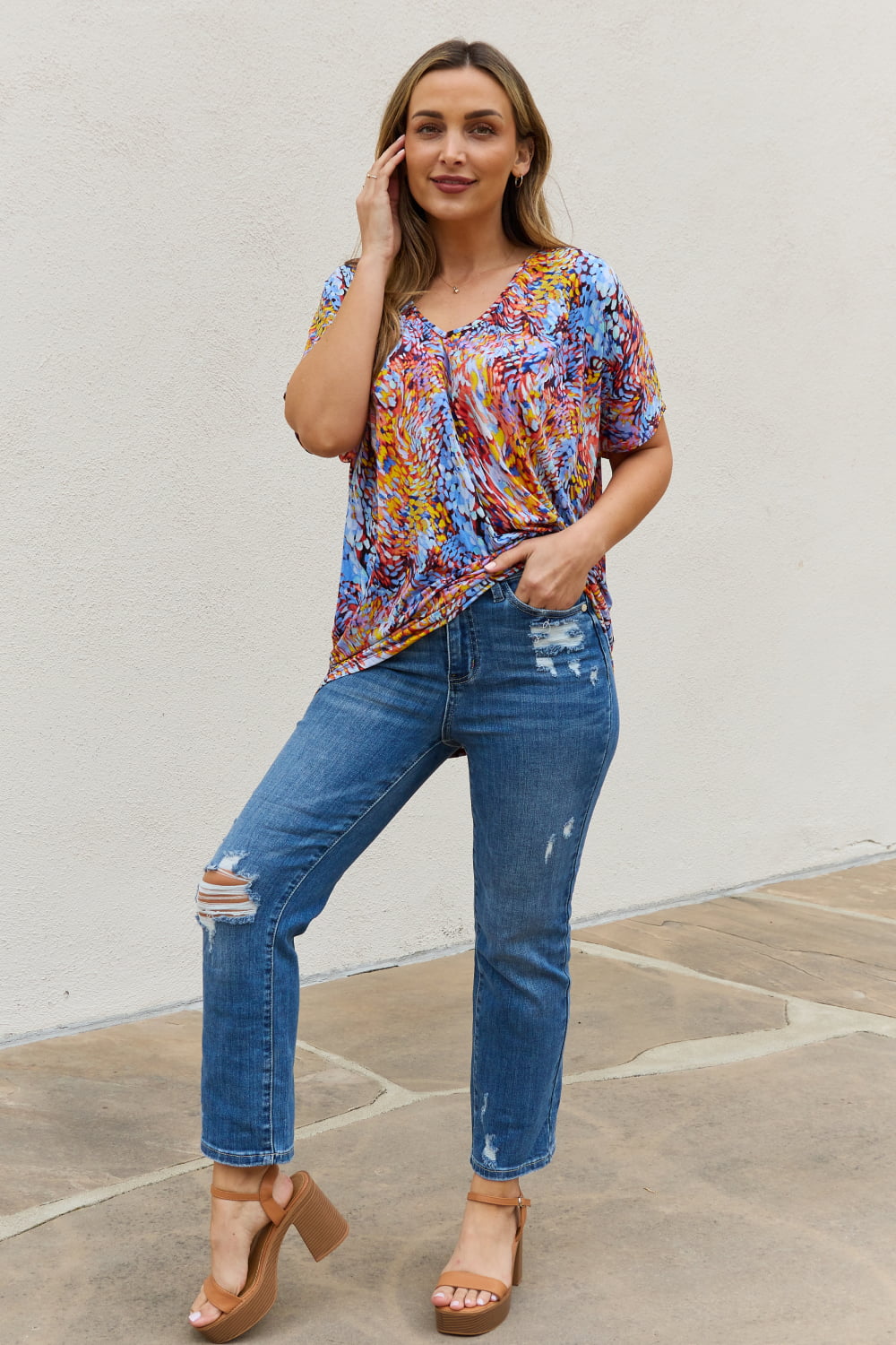 be stage full size printed dolman flowy top