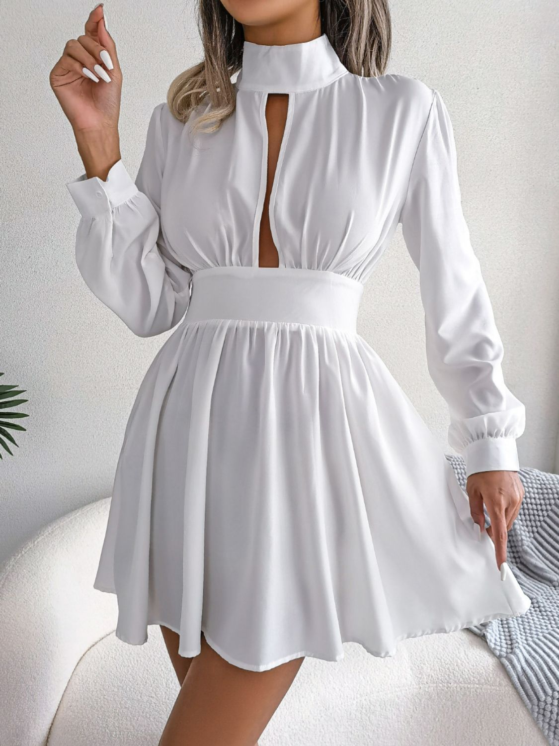 cutout turtleneck a-line mini dress